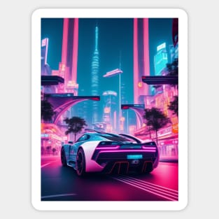 Dark Neon Sports Car in Asian Neon City Sticker